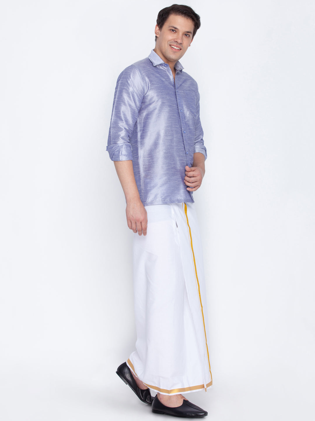 VASTRAMAY Men's Blue Cotton Silk Blend Shirt and Mundu Set