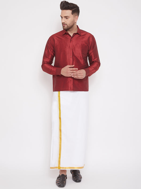 Men's Maroon And White Silk Blend Shirt And Mundu Set