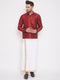 Men's Maroon And White Silk Blend Shirt And Mundu Set