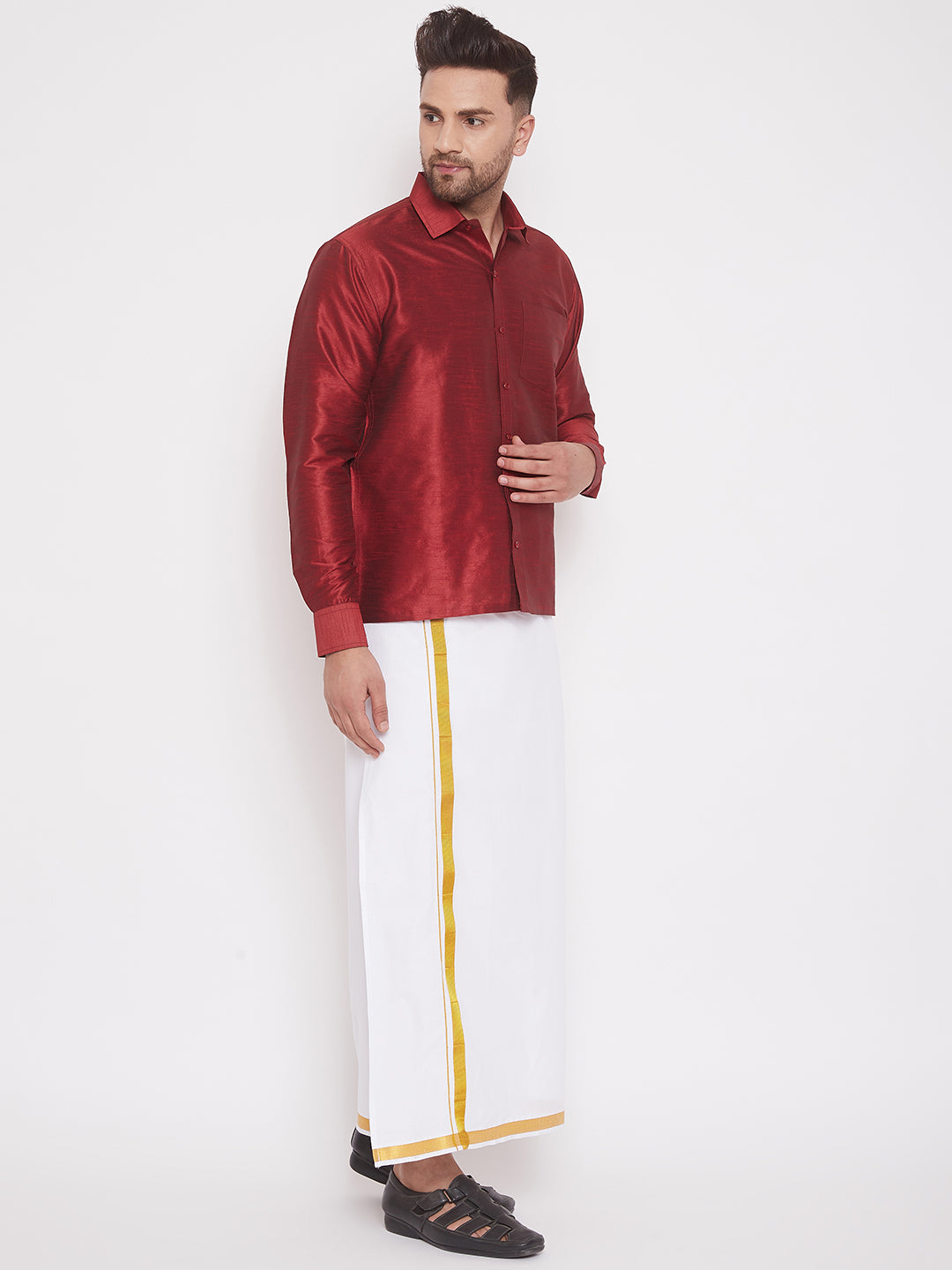Men's Maroon And White Silk Blend Shirt And Mundu Set