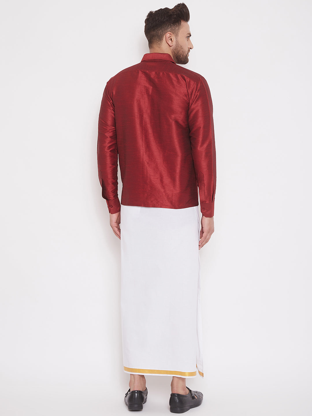 Men's Maroon And White Silk Blend Shirt And Mundu Set