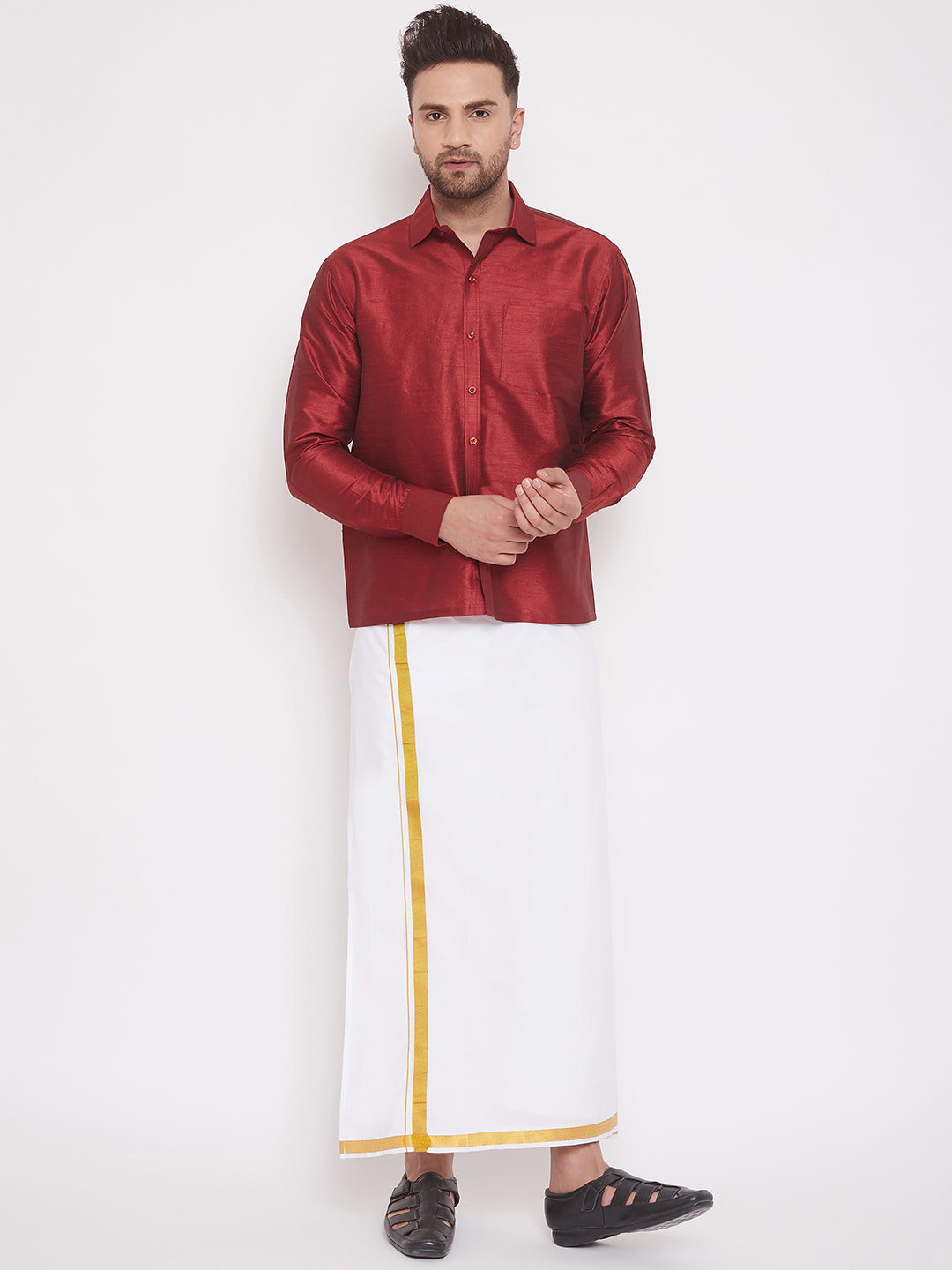 Men's Maroon And White Silk Blend Shirt And Mundu Set