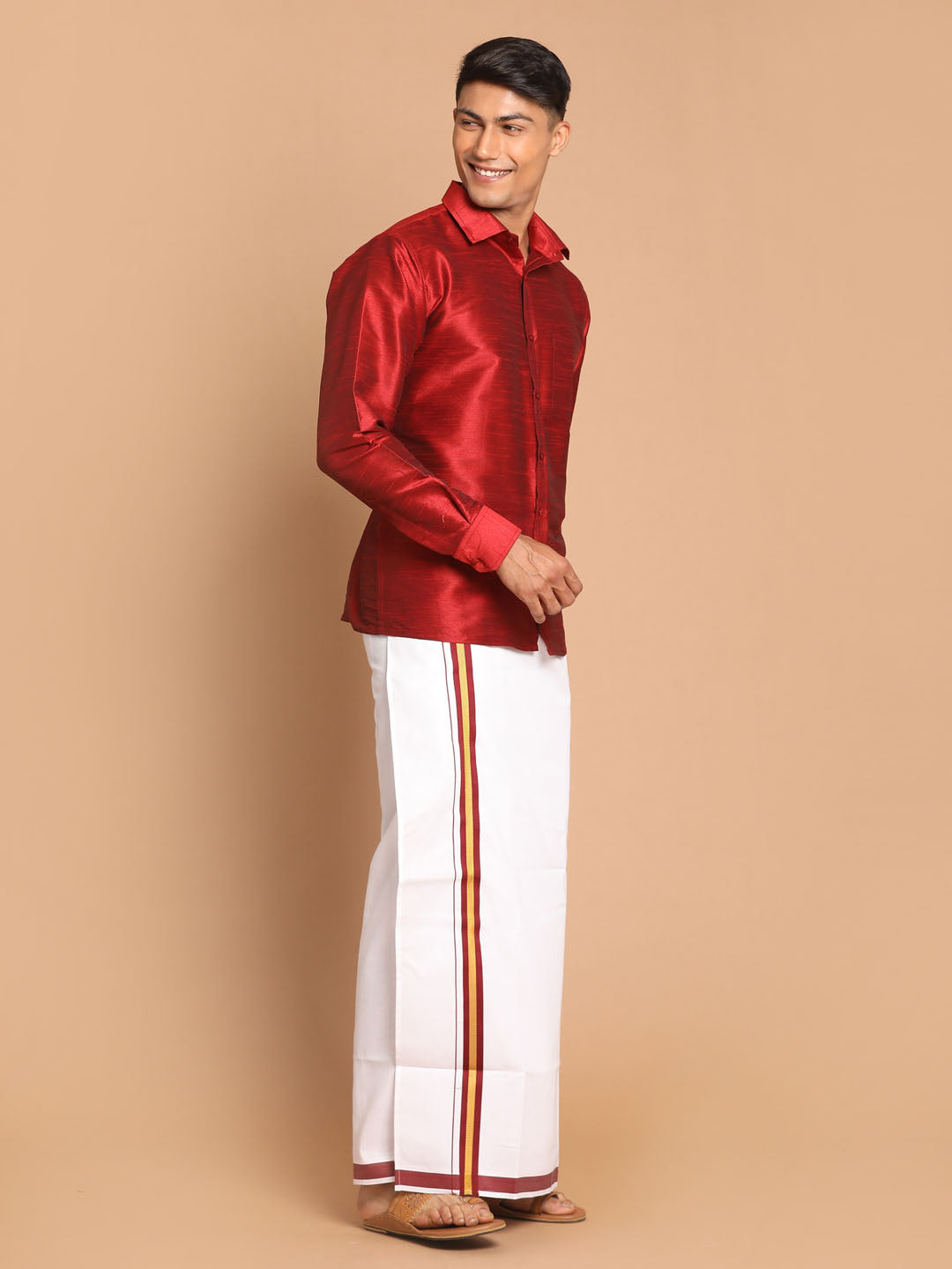 Men's Maroon Silk Blend Shirt And Mundu Set