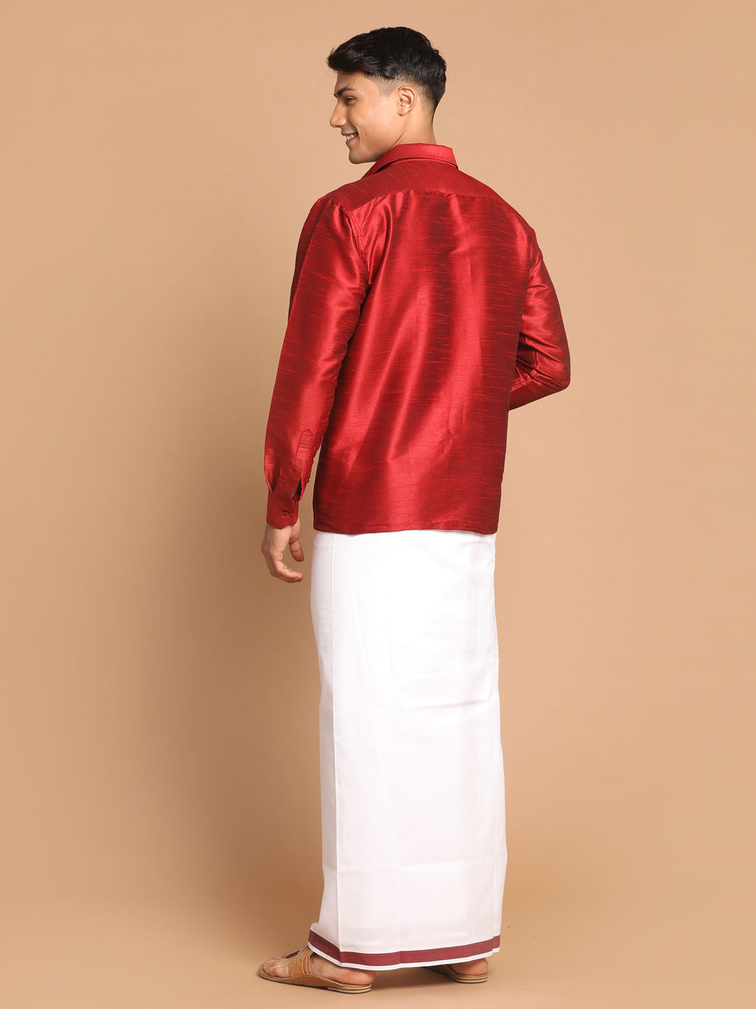 Men's Maroon Silk Blend Shirt And Mundu Set