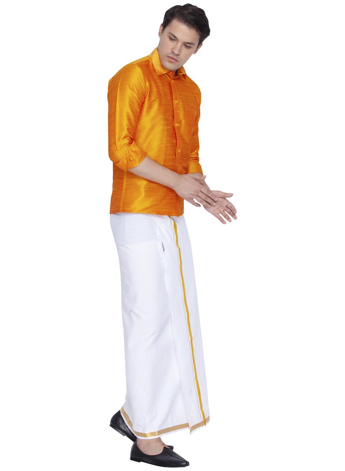 Men's Orange Cotton Silk Blend Shirt and Dhoti Set