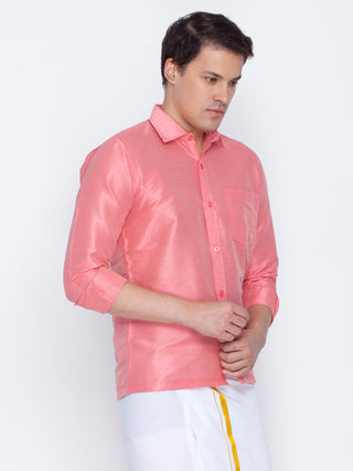 Men's Pink Cotton Silk Blend Ethnic Shirt