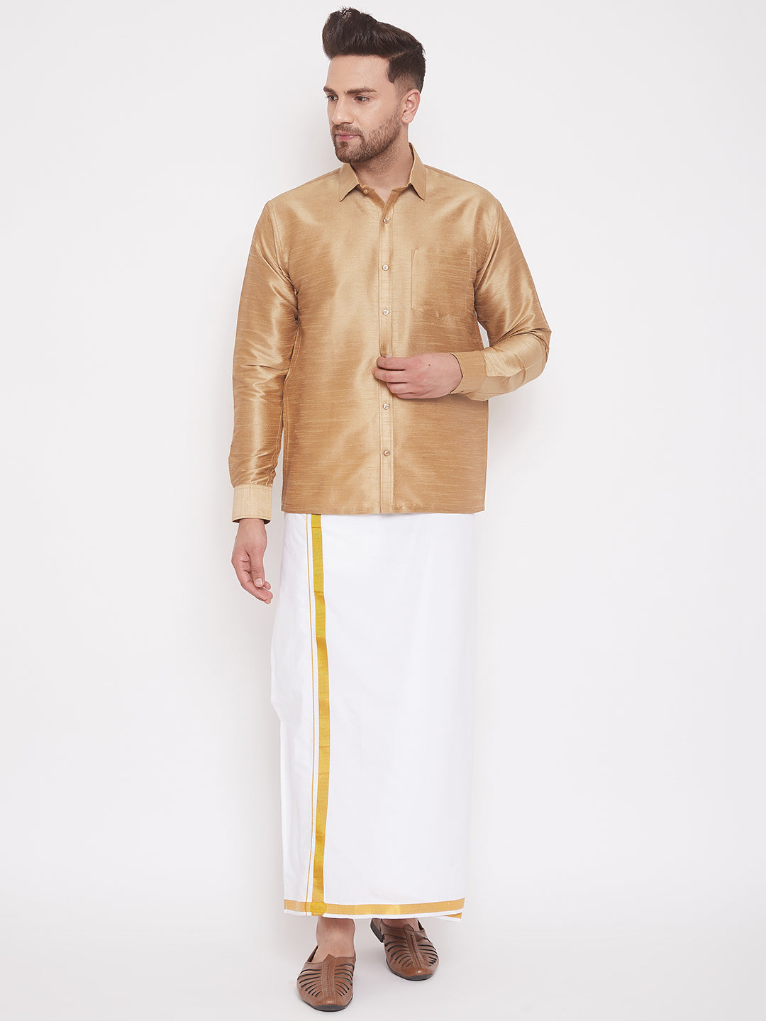 Men's Rose Gold Silk Blend Ethnic Shirt