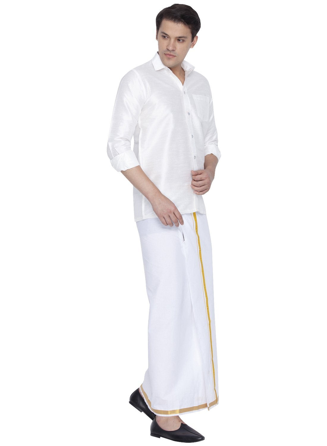 Men's White Cotton Silk Blend Shirt and Dhoti Set