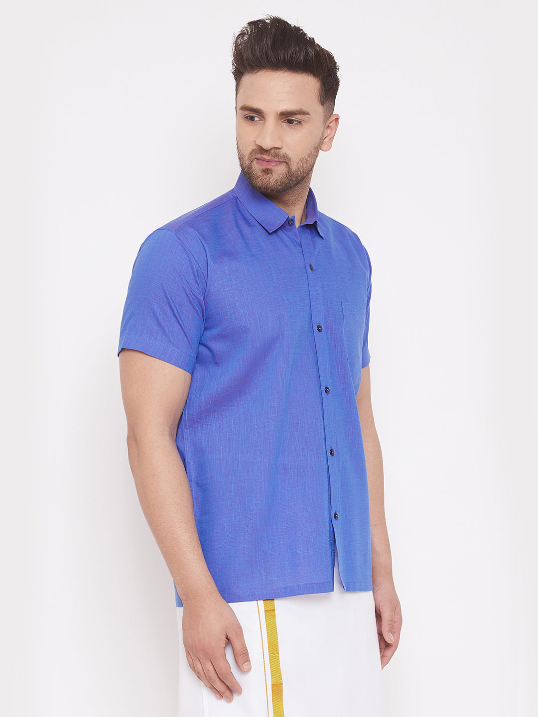 Men's Blue Cotton Blend Ethnic Shirt
