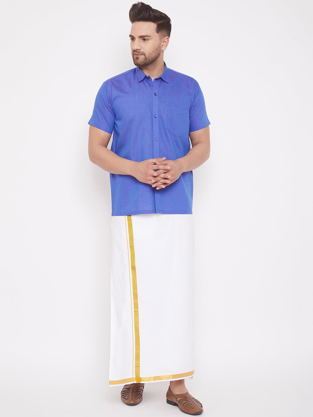 Men's Blue Cotton Blend Ethnic Shirt