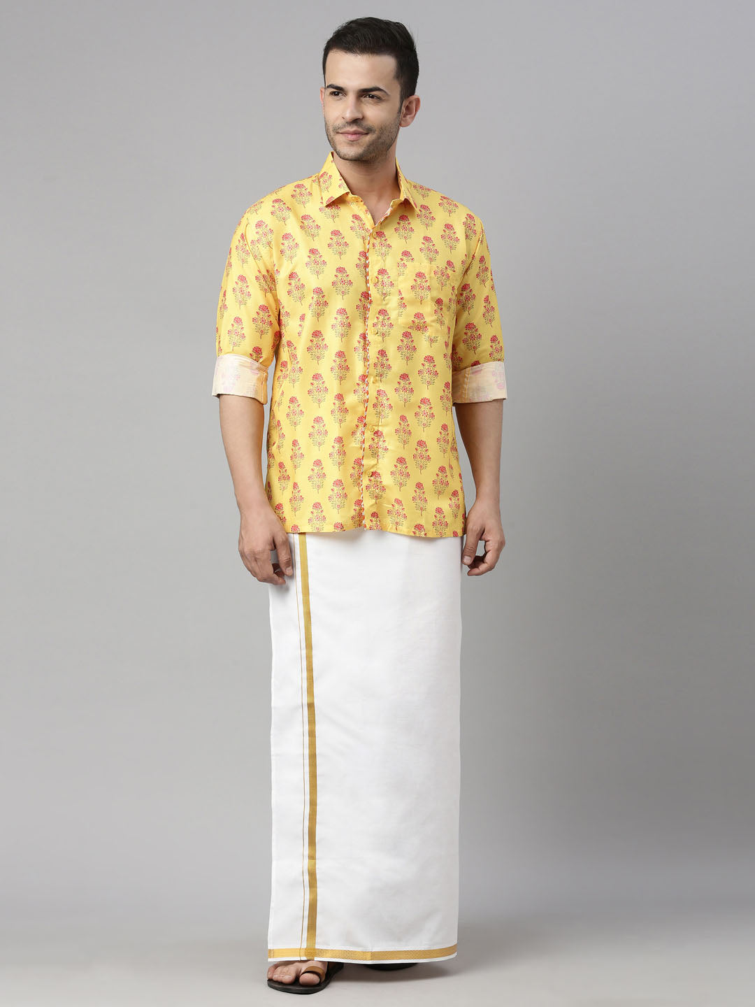 Men's Orange Floral Print Shirt And Mundu Set