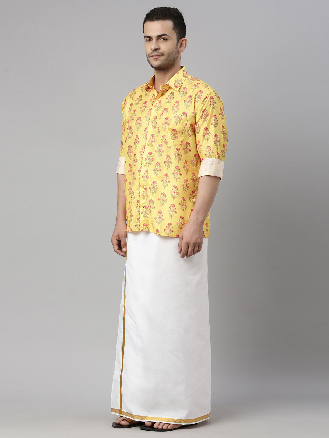 Men's Orange Floral Print Shirt And Mundu Set