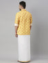 Men's Orange Floral Print Shirt And Mundu Set