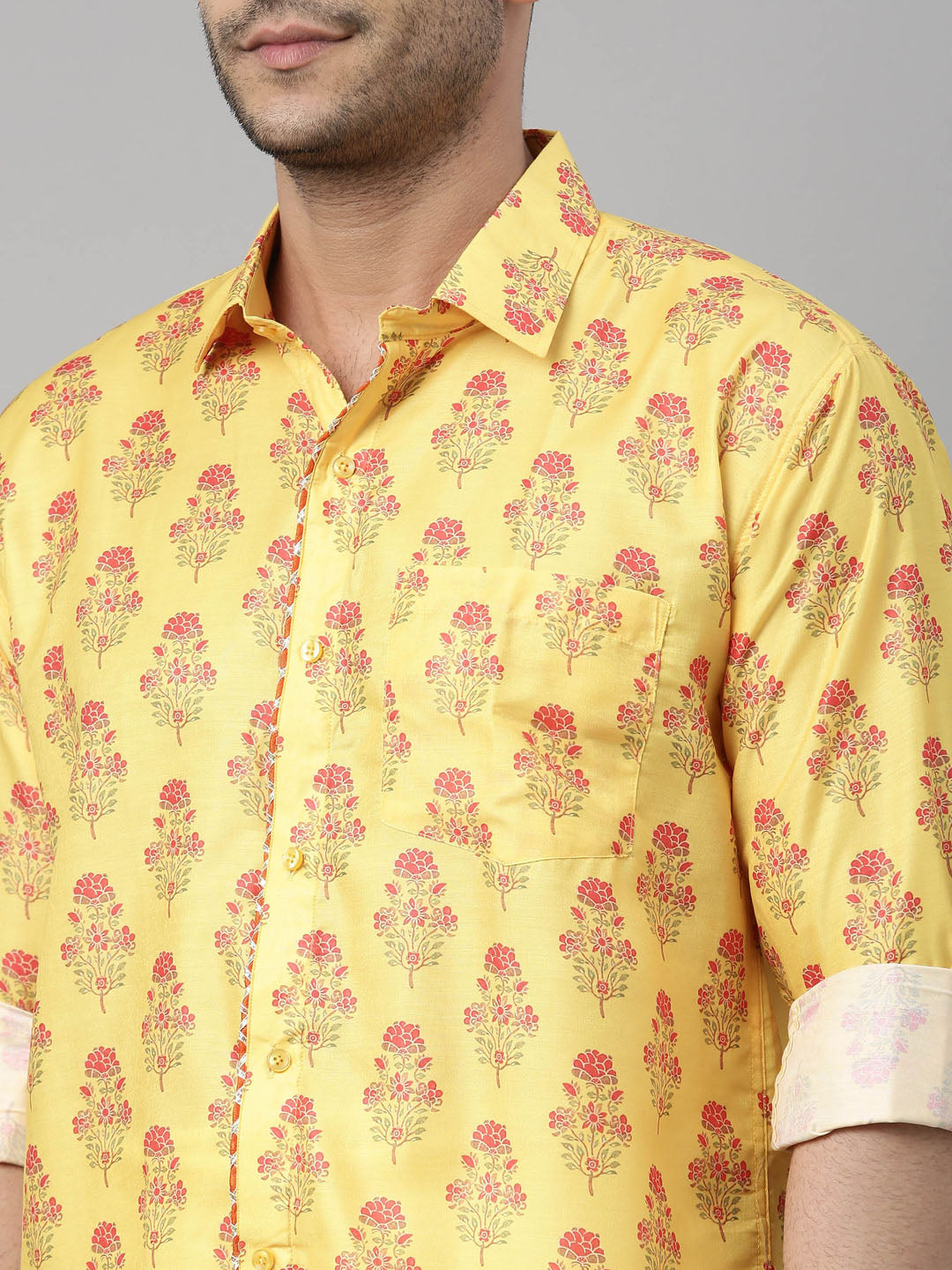 Men's Orange Floral Print Shirt And Mundu Set