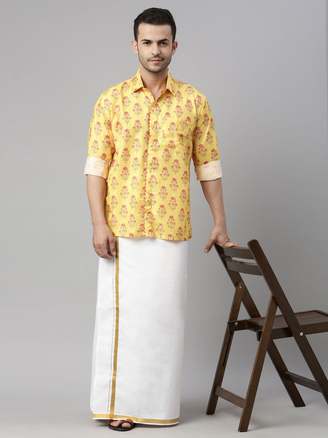 Men's Orange Floral Print Shirt And Mundu Set