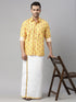 Men's Orange Floral Print Shirt And Mundu Set