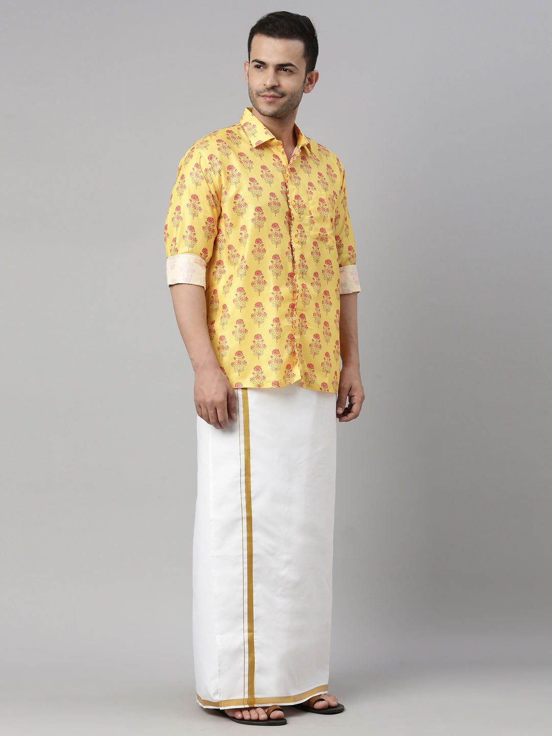 Men's Orange Floral Print Shirt And Mundu Set