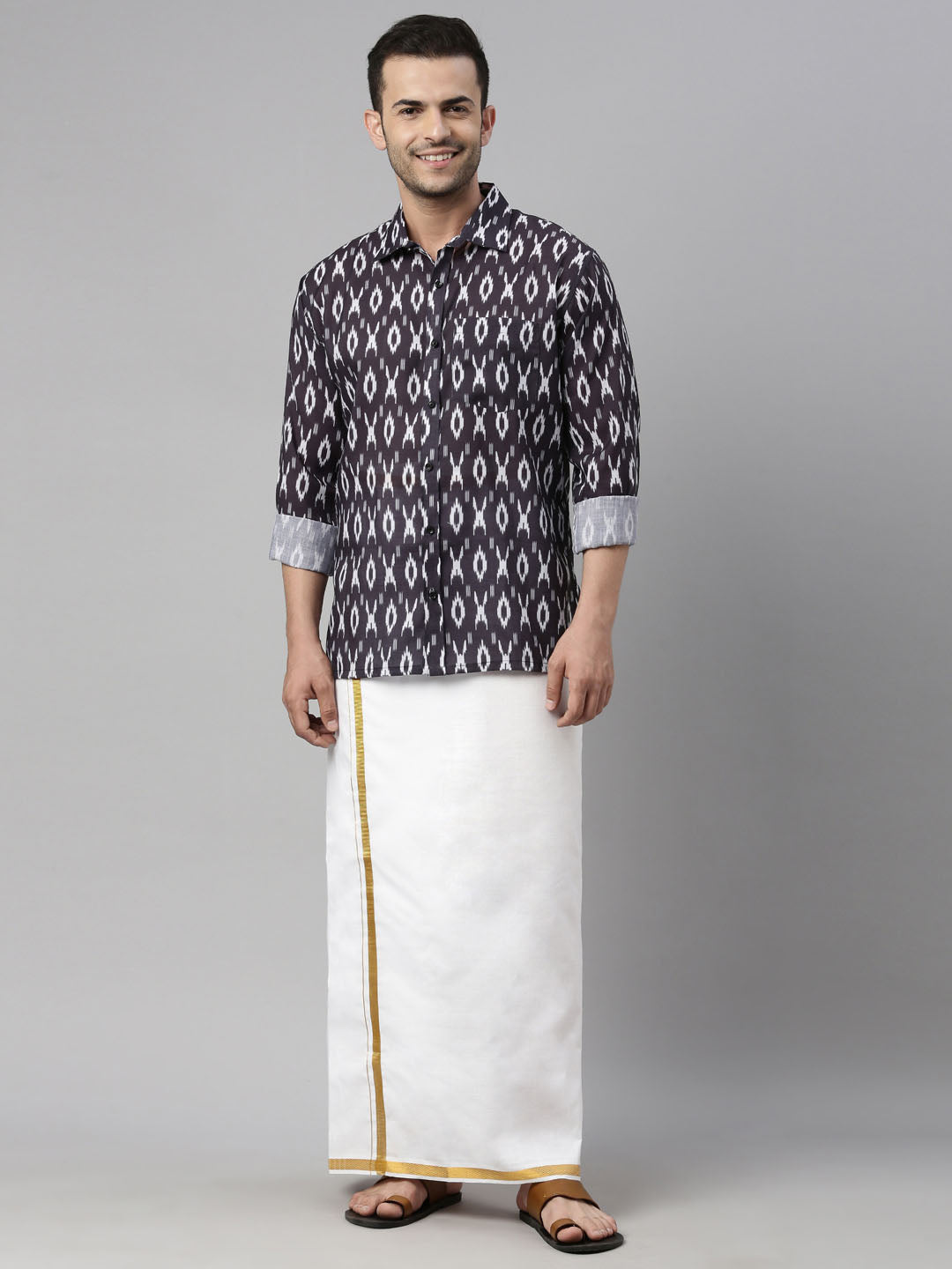 Men's Black Ikkat Print Shirt And Mundu Set