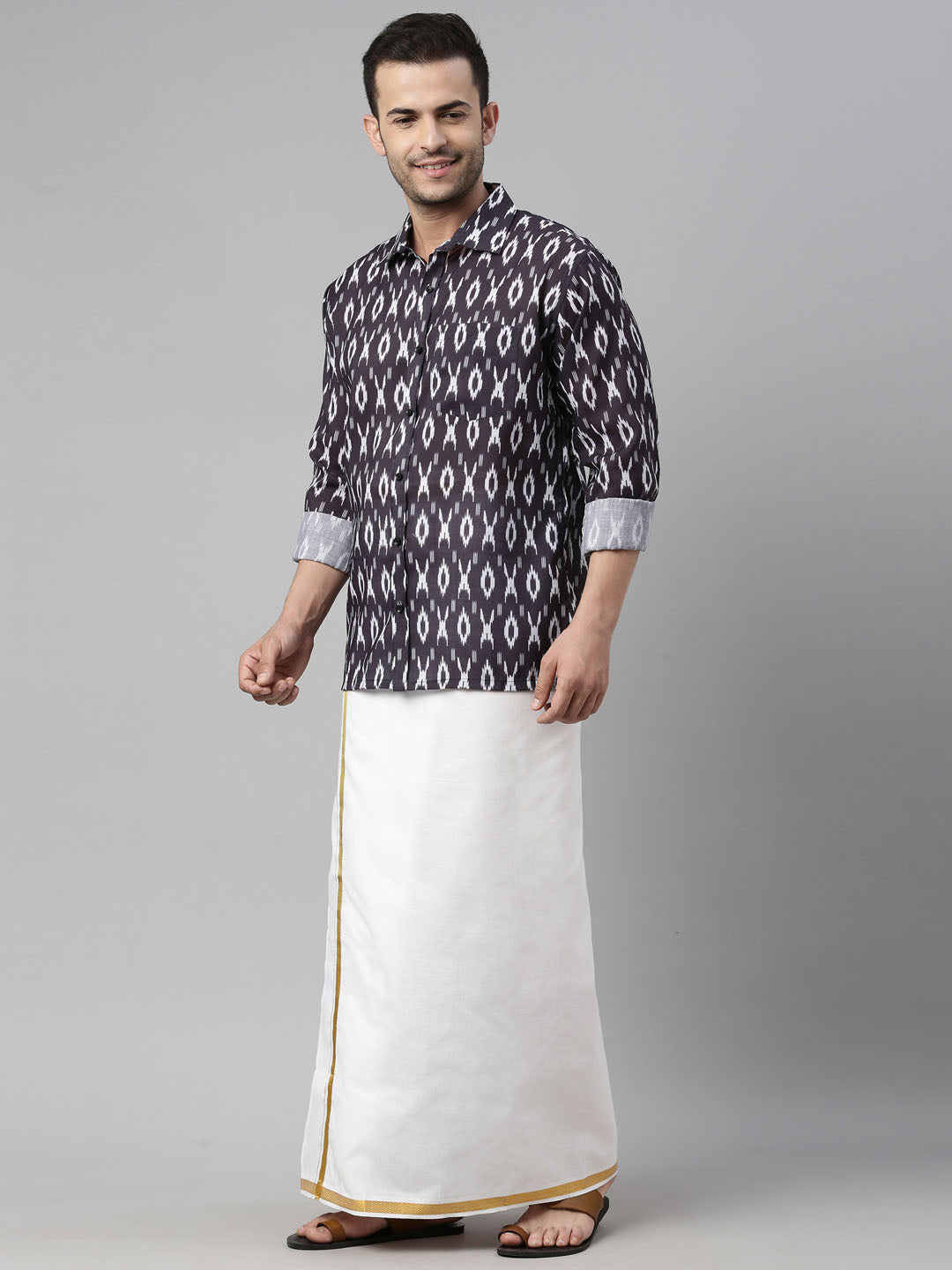 Men's Black Ikkat Print Shirt And Mundu Set