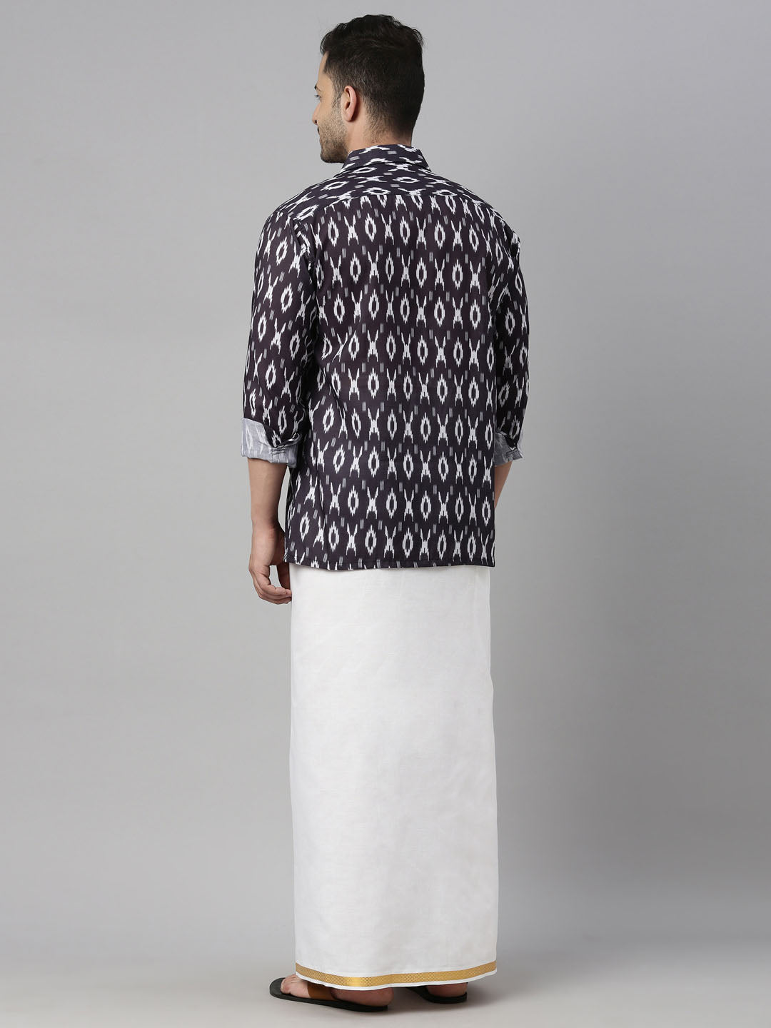 Men's Black Ikkat Print Shirt And Mundu Set