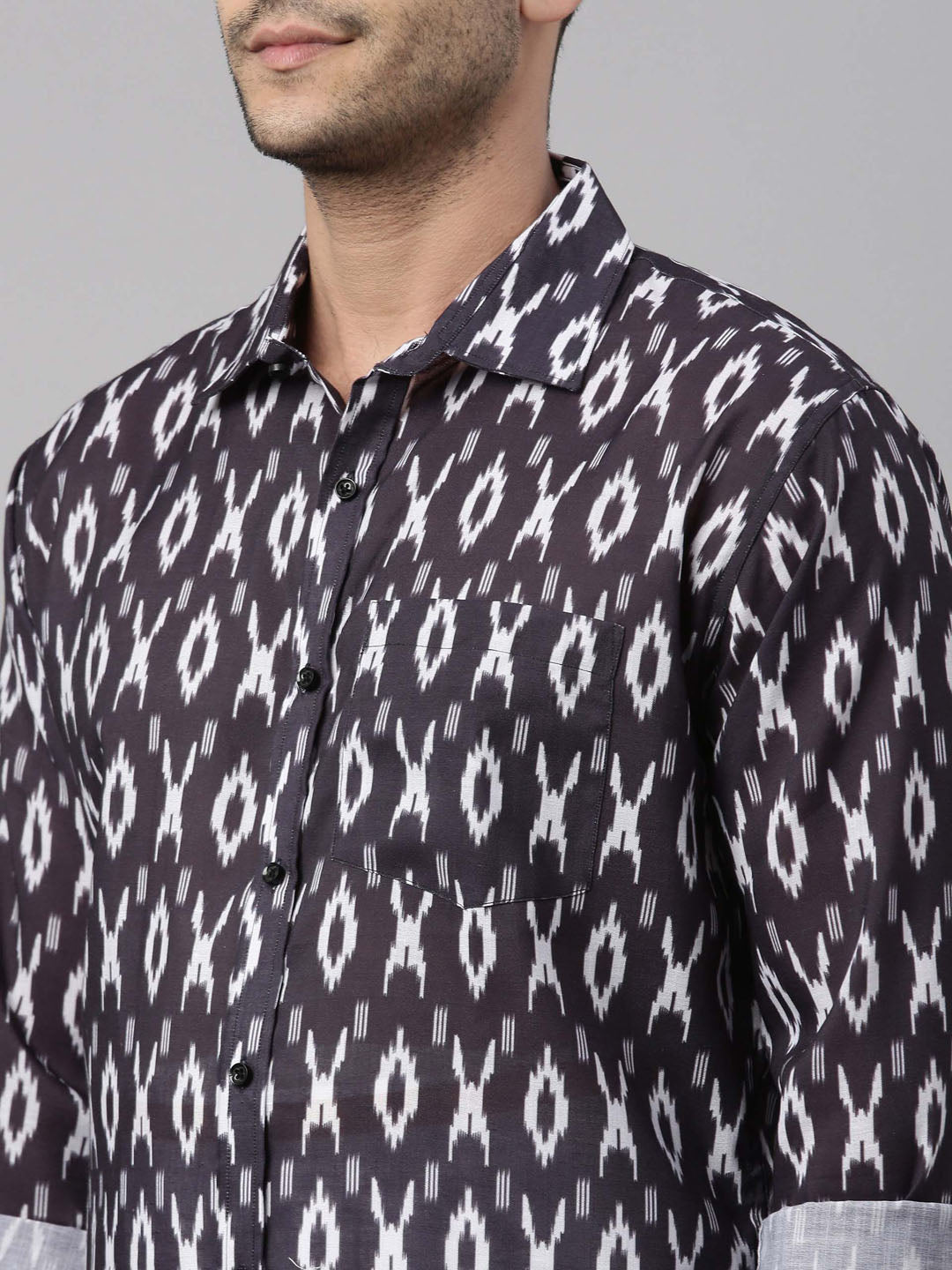 Men's Black Ikkat Print Shirt And Mundu Set