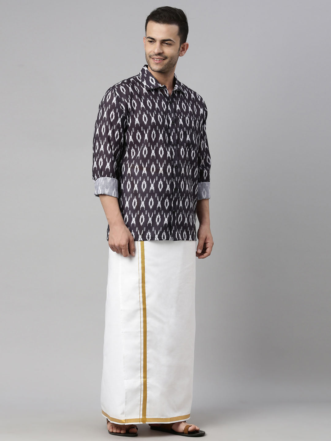 Men's Black Ikkat Print Shirt And Mundu Set