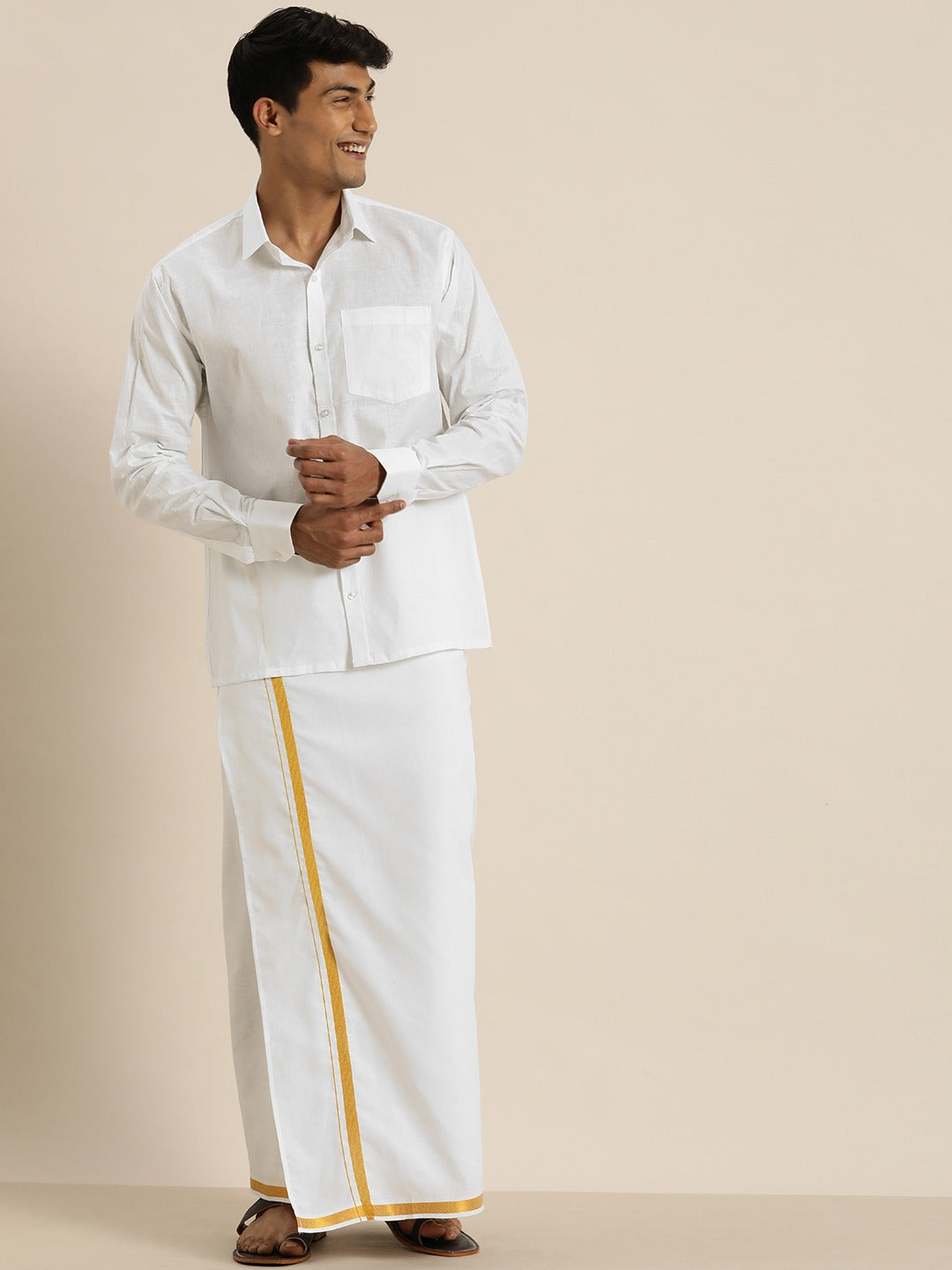 Men's White Cotton Shirt And Mundu Set
