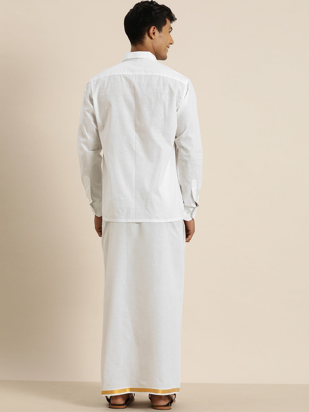 Men's White Cotton Shirt And Mundu Set