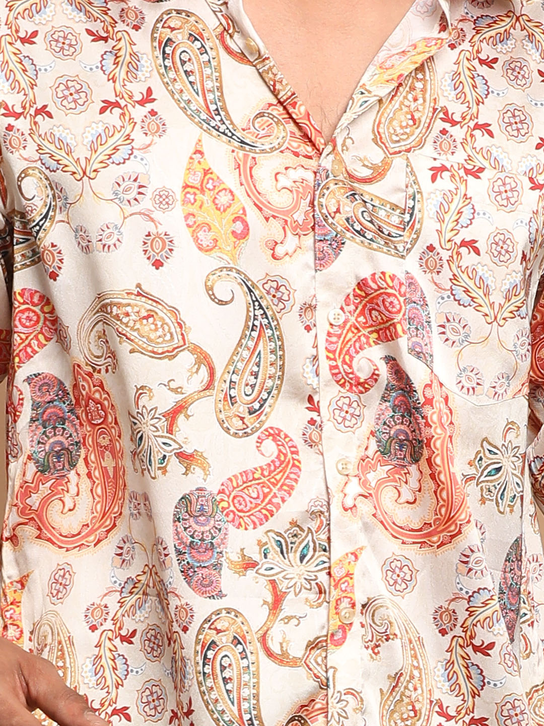 Men's Beige Cotton Silk Blend Printed Shirt