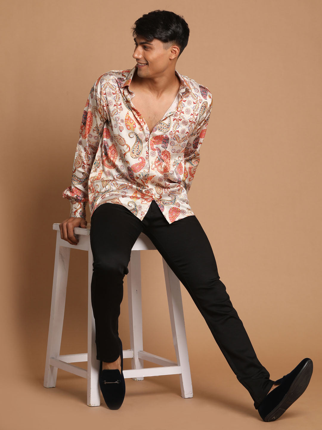 Men's Beige Cotton Silk Blend Printed Shirt