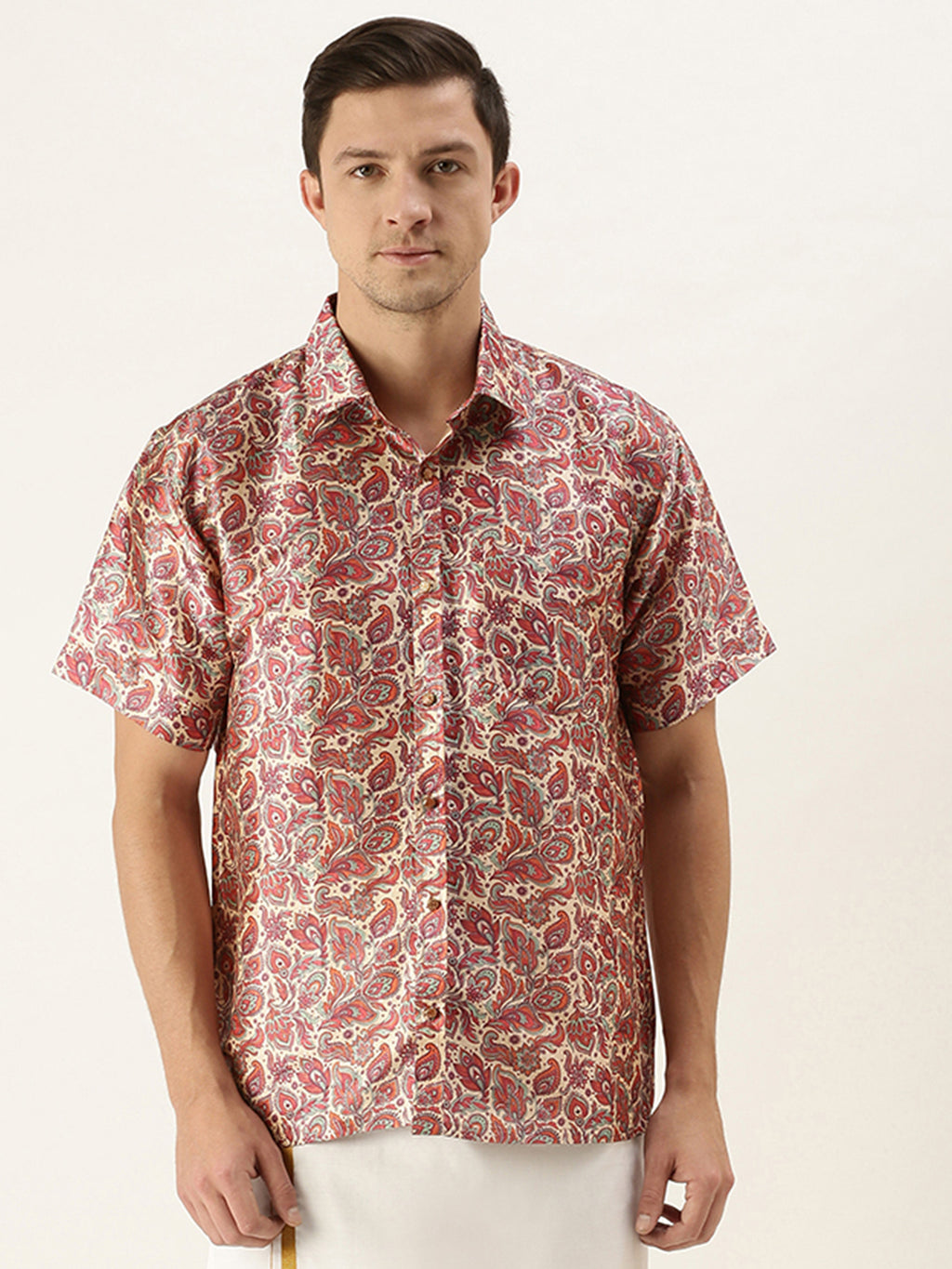 VASTRAMAY Men's Brown Silk Blend Printed Shirt 42 (X-Large)
