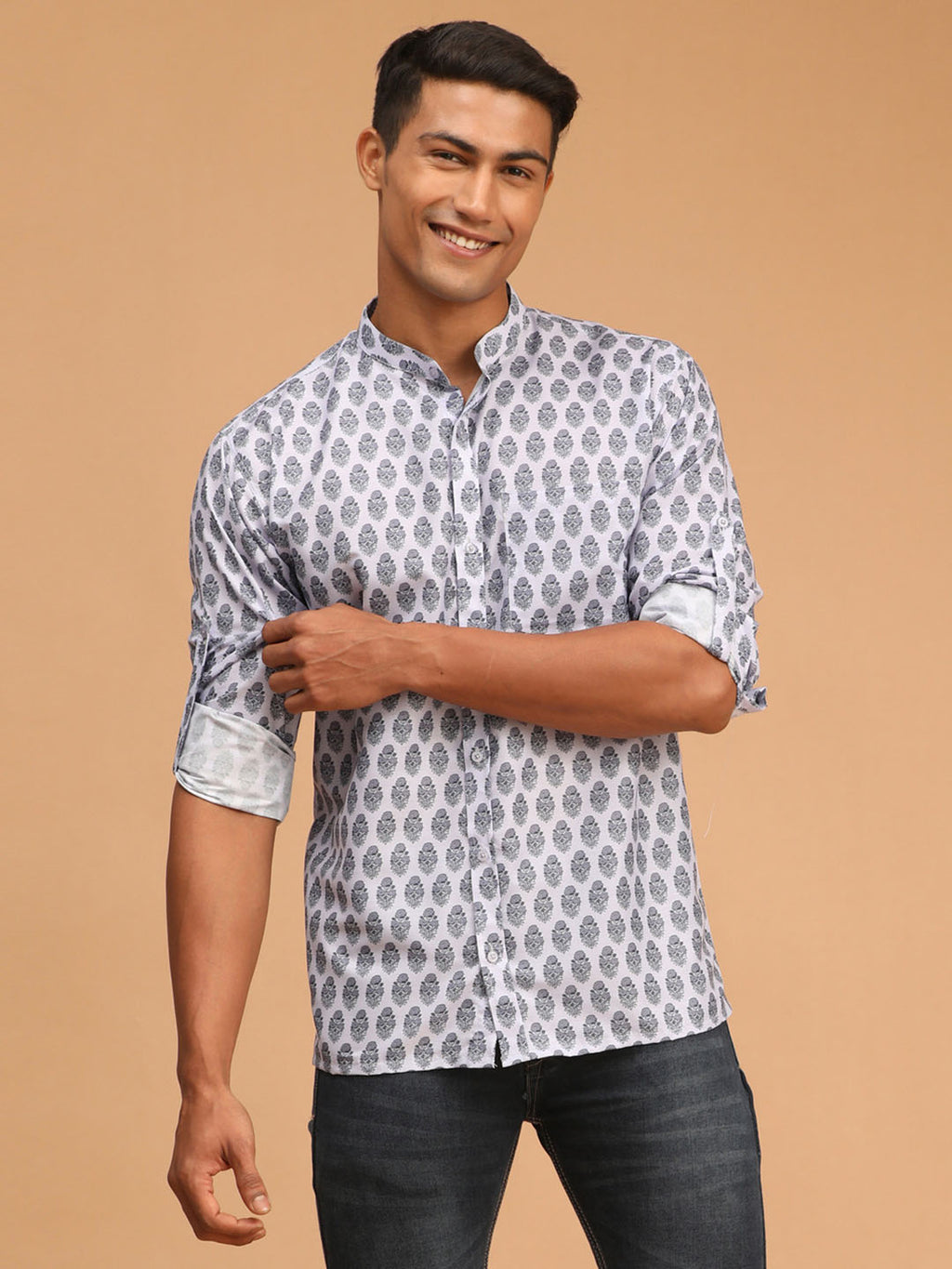 VASTRAMAY Men's Gray Silk Blend Printed Shirt 36 (Small)