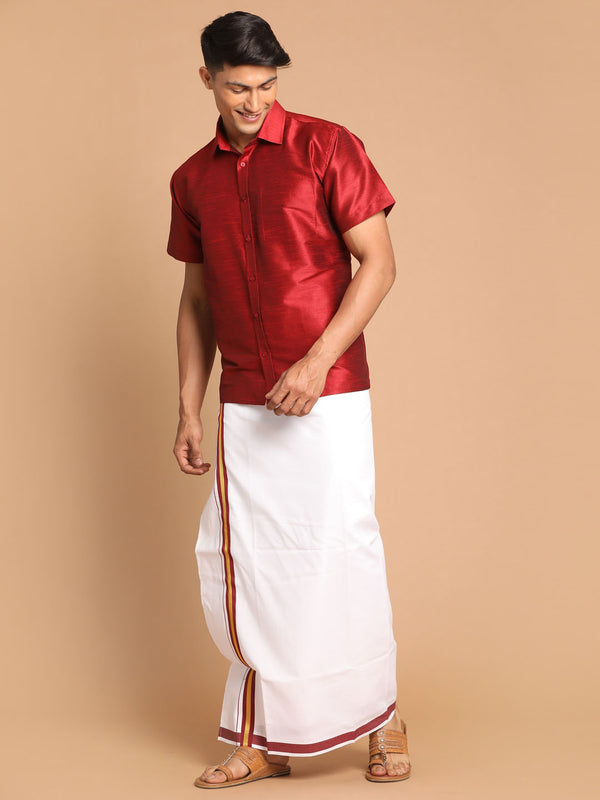 Men's Maroon Silk Blend Shirt And Mundu Set