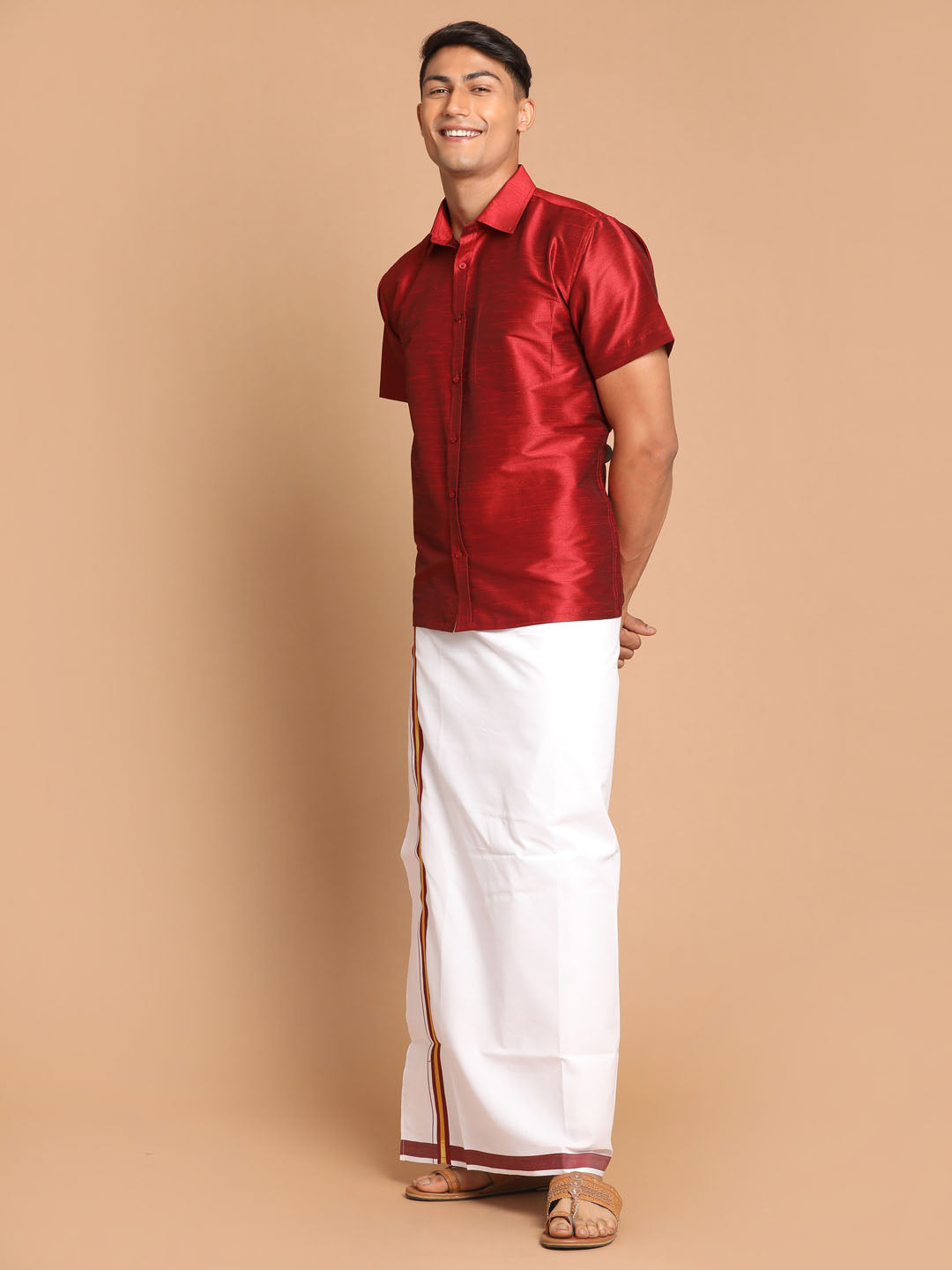 Men's Maroon Silk Blend Shirt And Mundu Set