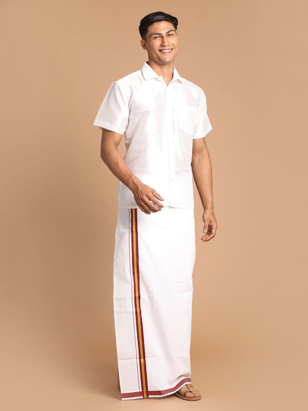 Men's White Silk Blend Shirt And Mundu Set