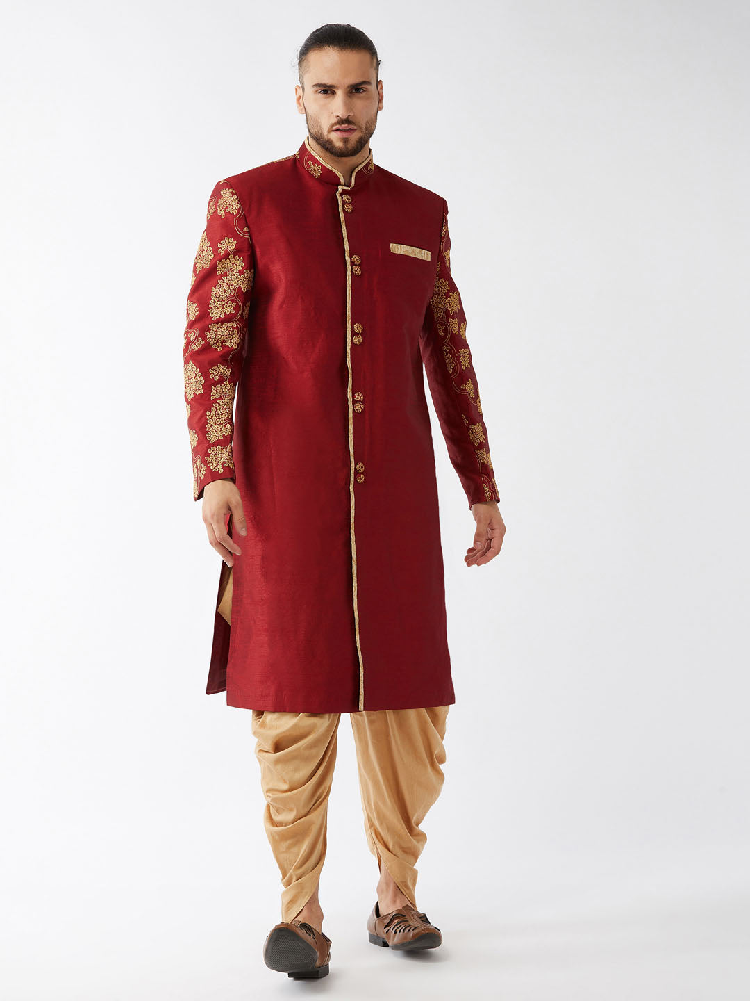 Men's Maroon And Gold Silk Blend Sherwani Set