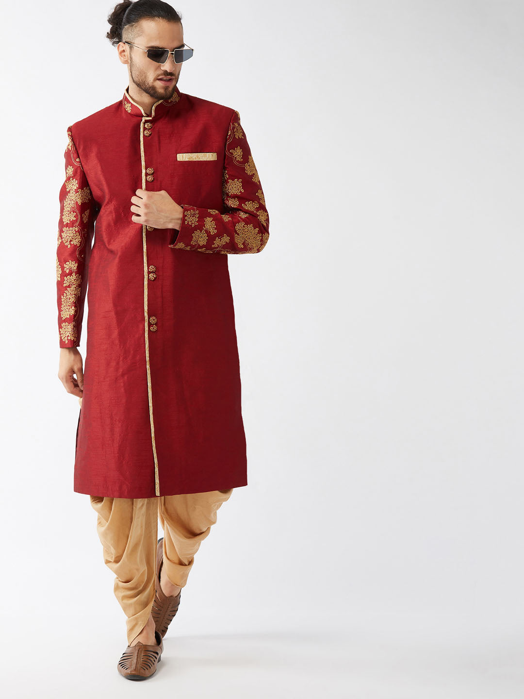 Men's Maroon And Gold Silk Blend Sherwani Set