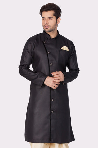 Men's Black Cotton Silk Blend Sherwani Only Top