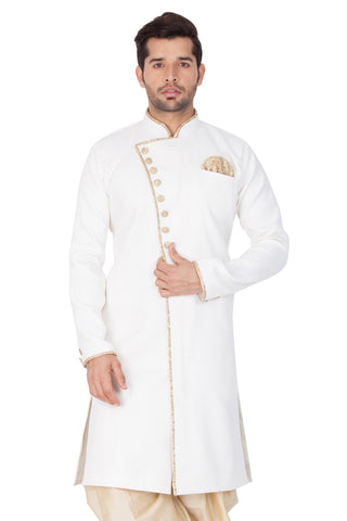 VM By VASTRAMAY Men's White Cotton Blend Sherwani Only Top