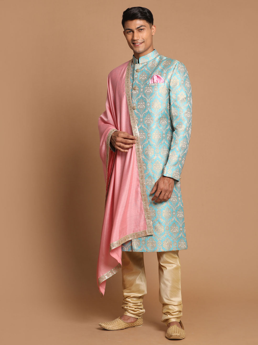 Men's Sea Green And Gold Brocade Jacquard Sherwani Set With Pink Dupatta
