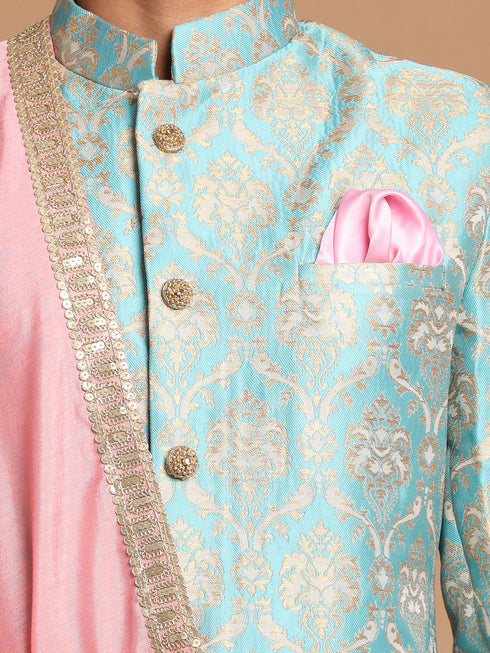 Men's Sea Green And Gold Brocade Jacquard Sherwani Set With Pink Dupatta