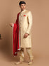 Men's Golden Brocade Slim Fit Sherwani Set With Maroon Dupatta