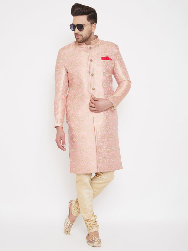 Men's Pink And Gold Silk Blend Sherwani Set