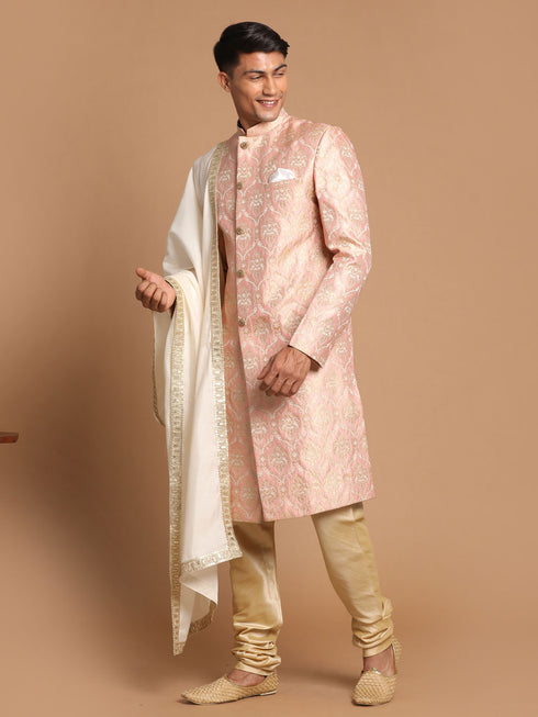 Men's Pink And Gold Silk Blend Sherwani Set With Cream Colour Dupatta
