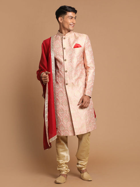 Men's Pink And Gold Silk Blend Sherwani Set With Maroon Dupatta