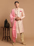 Men's Pink And Gold Silk Blend Sherwani Set With Pink Dupatta