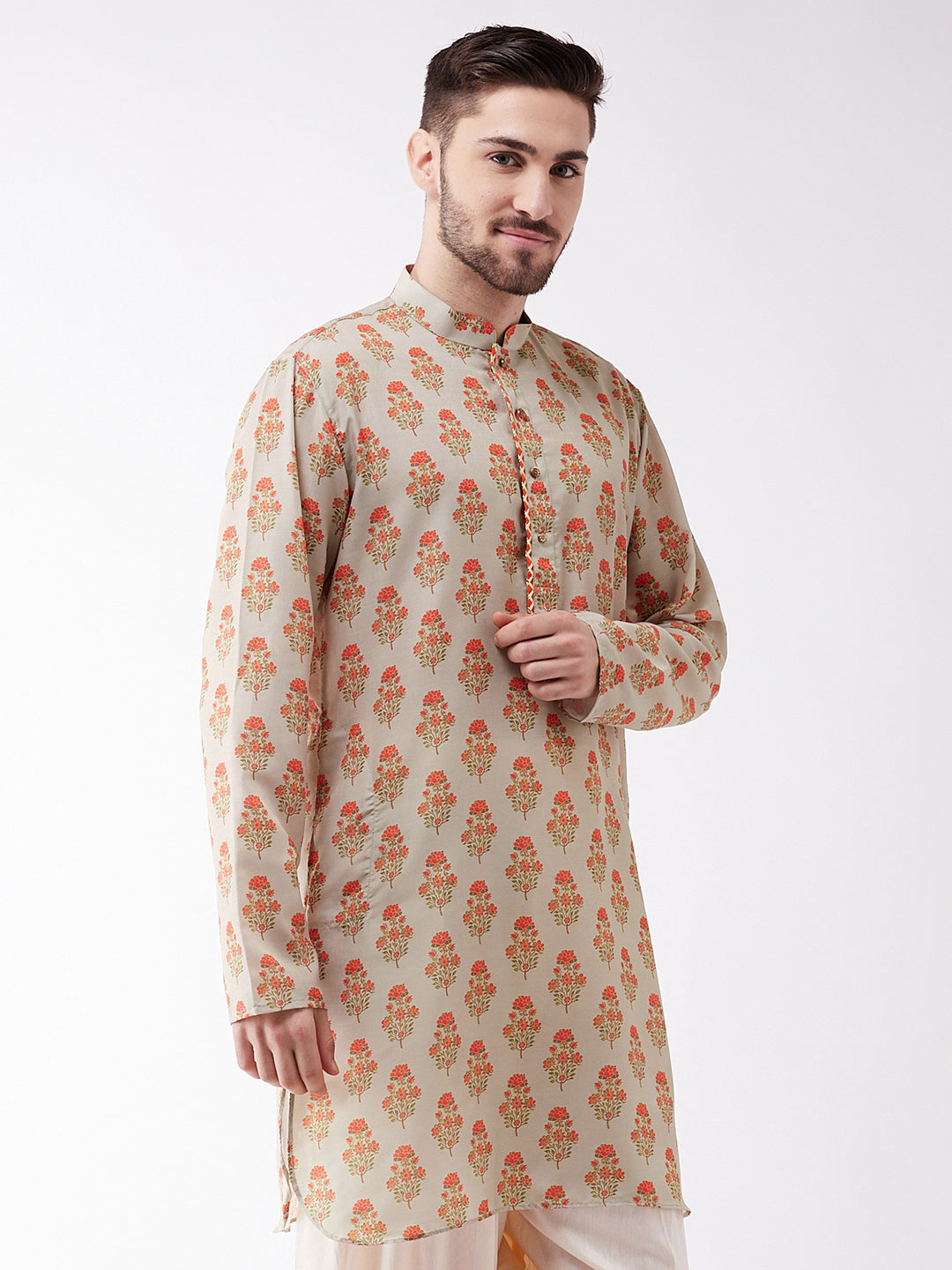 Men's Multicolor-Base-Cream Muslin Cotton Kurta