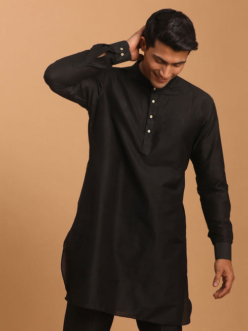 Men's Black Silk Blend Curved Hem Kurta