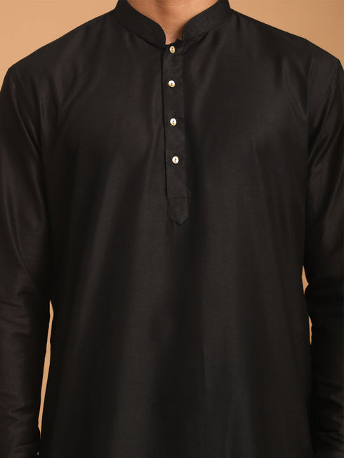 Men's Black Silk Blend Curved Hem Kurta
