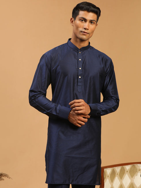 Men's Blue Silk Blend Curved Hem Kurta